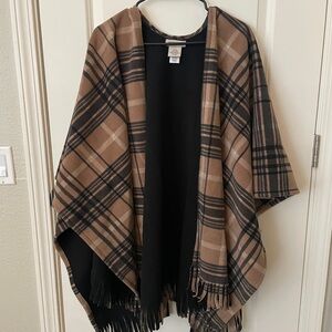 Martha Stewart Camel and Black Plaid Fringe Cape